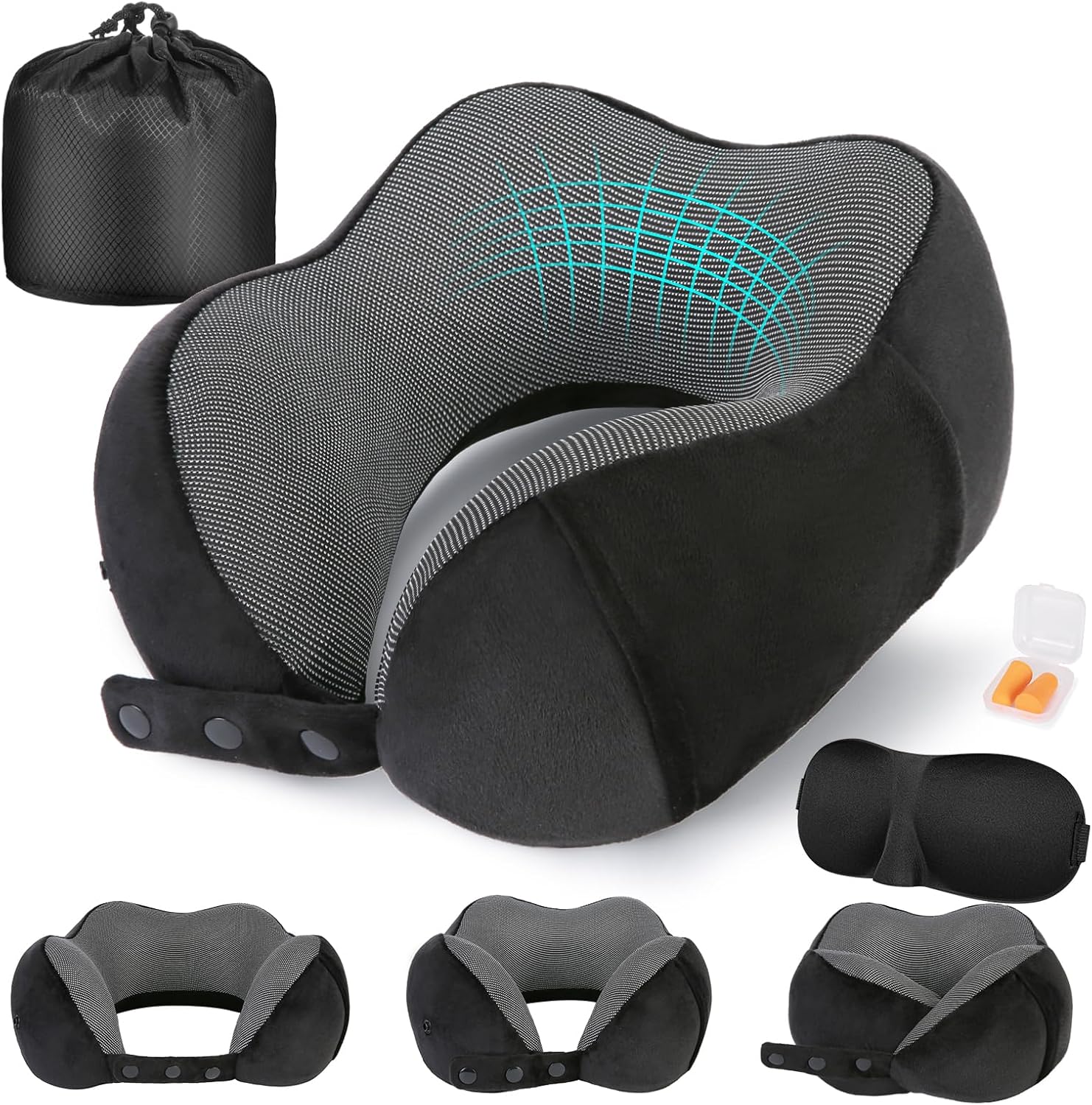 Cirorld Travel Pillow for Airplane, Neck Pillow for Travel, Memory Foam Travel Neck Pillow for Adults, Adjustable & Compact Flight Pillow, Ergonomic Neck Cushion, With Ear Plugs, Eye Mask, Carry Bag