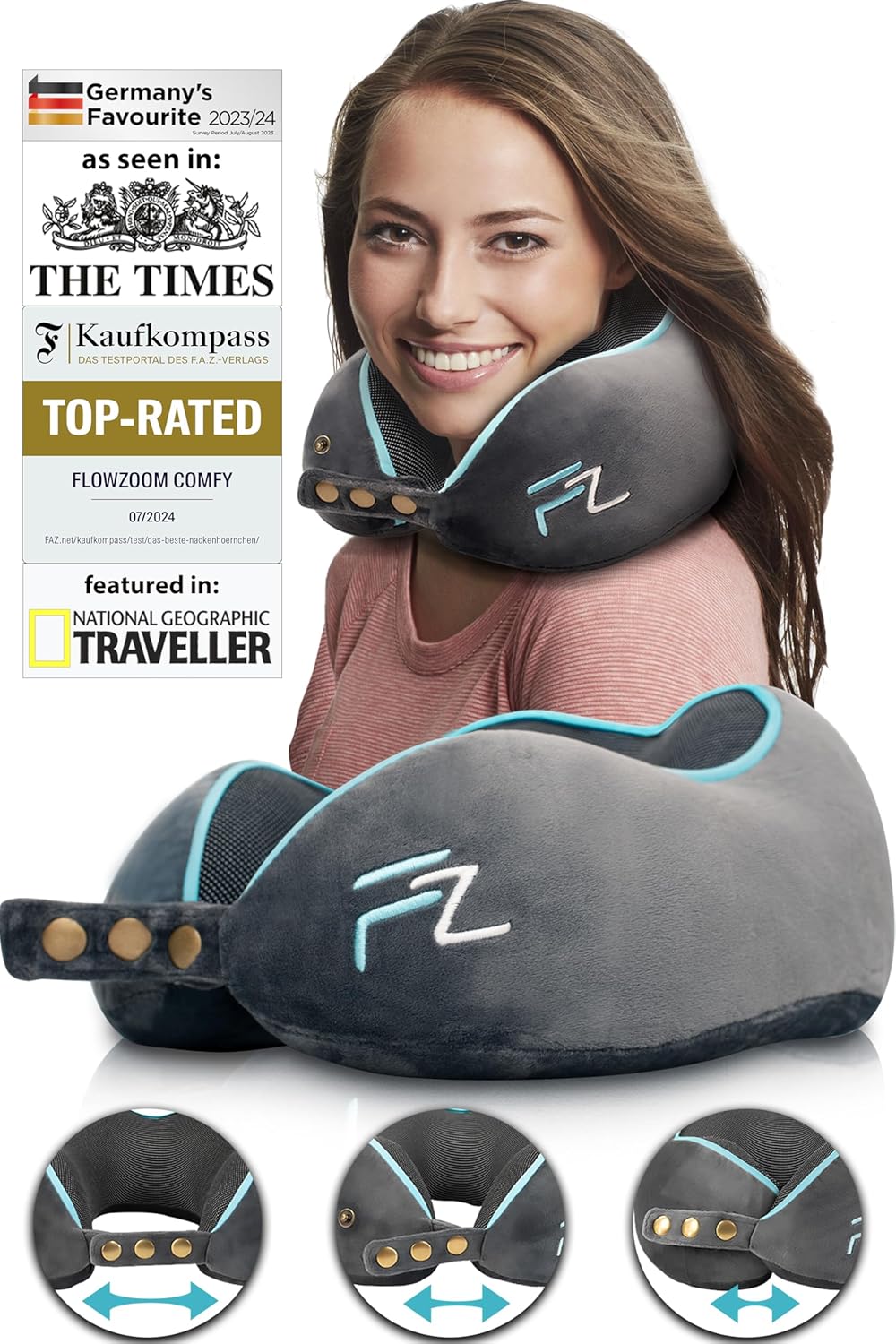 FLOWZOOM COMFY Travel Pillow for Airplane – Neck Pillow for Travel – Flight Pillow – Memory Foam Travel Pillows for Adults – Neck Cushion – Grey