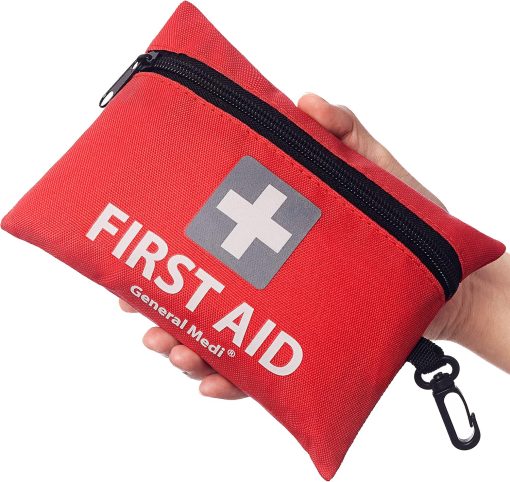 General Medi Mini First Aid Kit, 92 Pieces Small First Aid Kit - Includes Emergency Foil Blanket, Scissors for Travel, Home, Office, Vehicle, Camping, Workplace & Outdoor (Red)