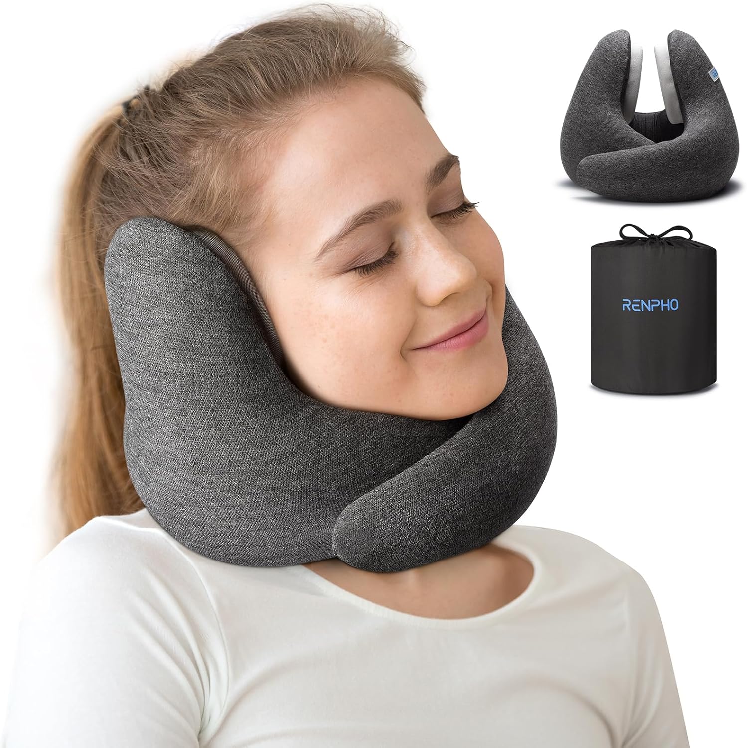 RENHPO Travel Pillow for Airplane, Memory Foam Neck Pillow Travel, Neck Pillow for Travel with Earmuffs, Travel Neck Pillows for Adults, Ergonomic Plane Pillow, Neck Support Travel Pillow with a Bag