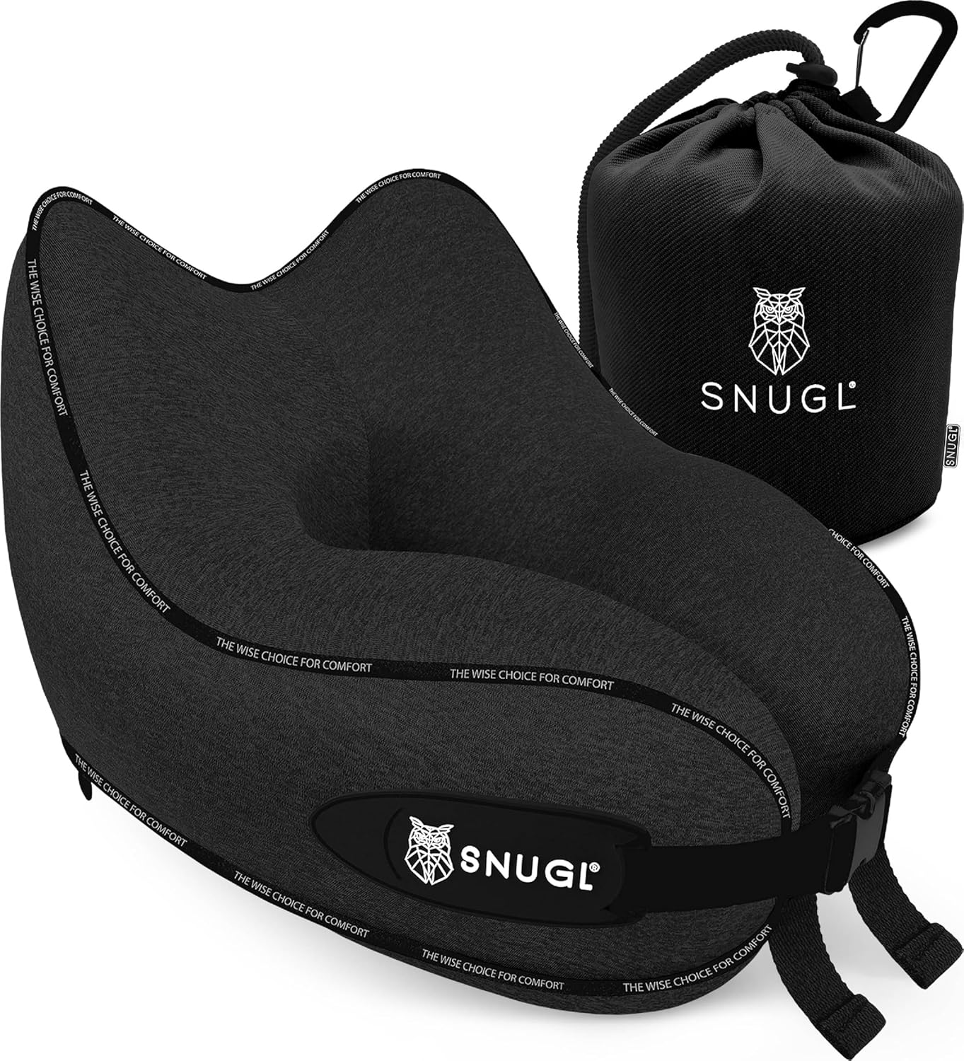 SNUGL Travel Pillow – Memory Foam Neck Cushion – Flight Pillow | Support Neck Pillow for Travel | Travel Neck Pillow for Airplane with Carry Bag & Clip | Flying Travel Essentials (Black – Regular)