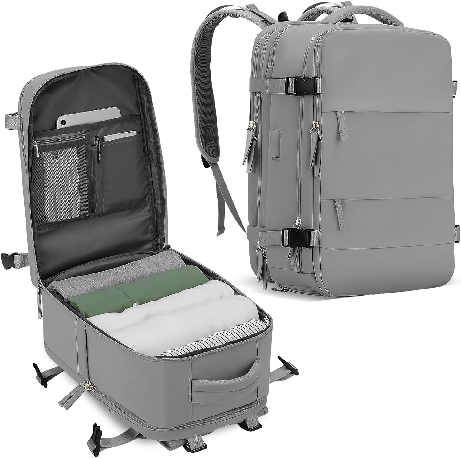 Samfolk Cabin Bags Travel Backpack Carry On Bag Cabin Backpack 11 Pockets Hand Luggage Backpack with USB Port (Grey, 40x20x25)